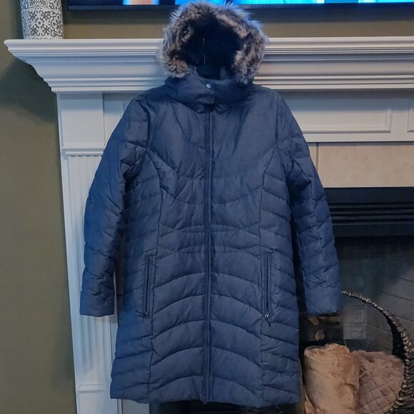 Eddie Bauer Women's EB650 Down Puffer Fur Hooded Parka Coat Blue XL - Picture 1 of 9